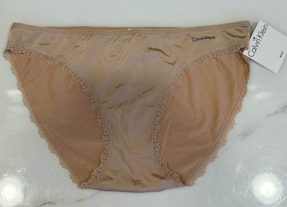 Calvin Klein Bikini Panties Nude Beige Satin Lace Trim NEW
